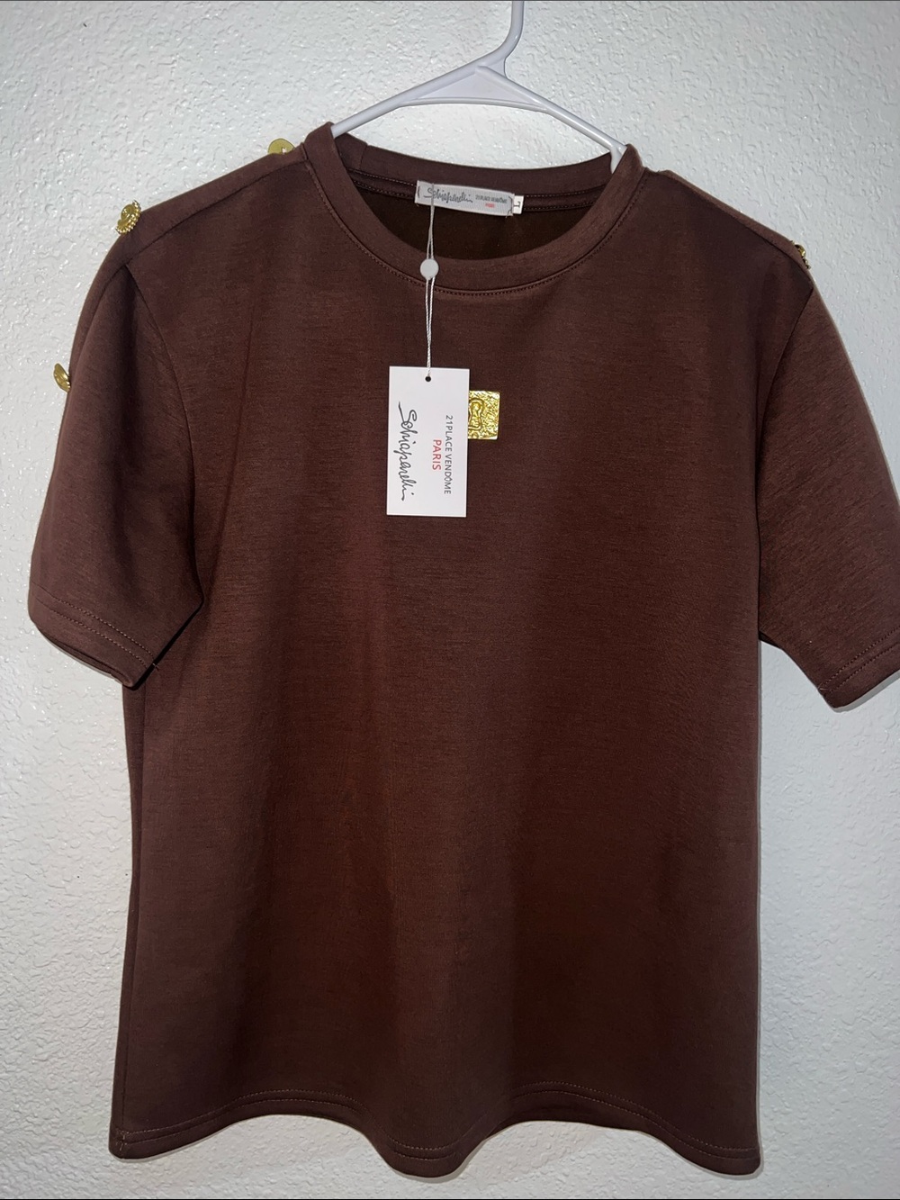 Women’s Short Sleeve Brown Top with Gold Button Detail